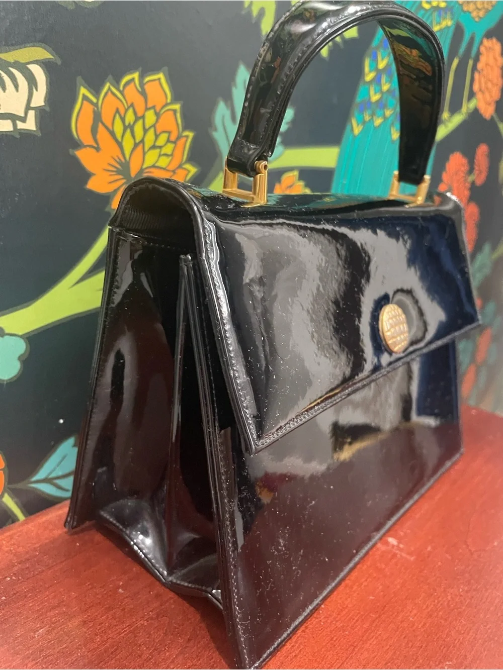 Vintage Bienen-Davis Black Patent Leather Top Handle Handbag with mirror